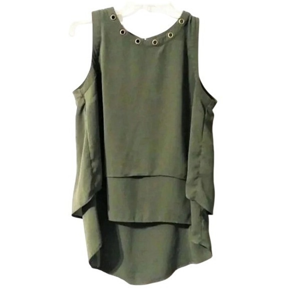 Takara Olive Green Sleeveless Layered High Low Grommet Neck Blouse Size M